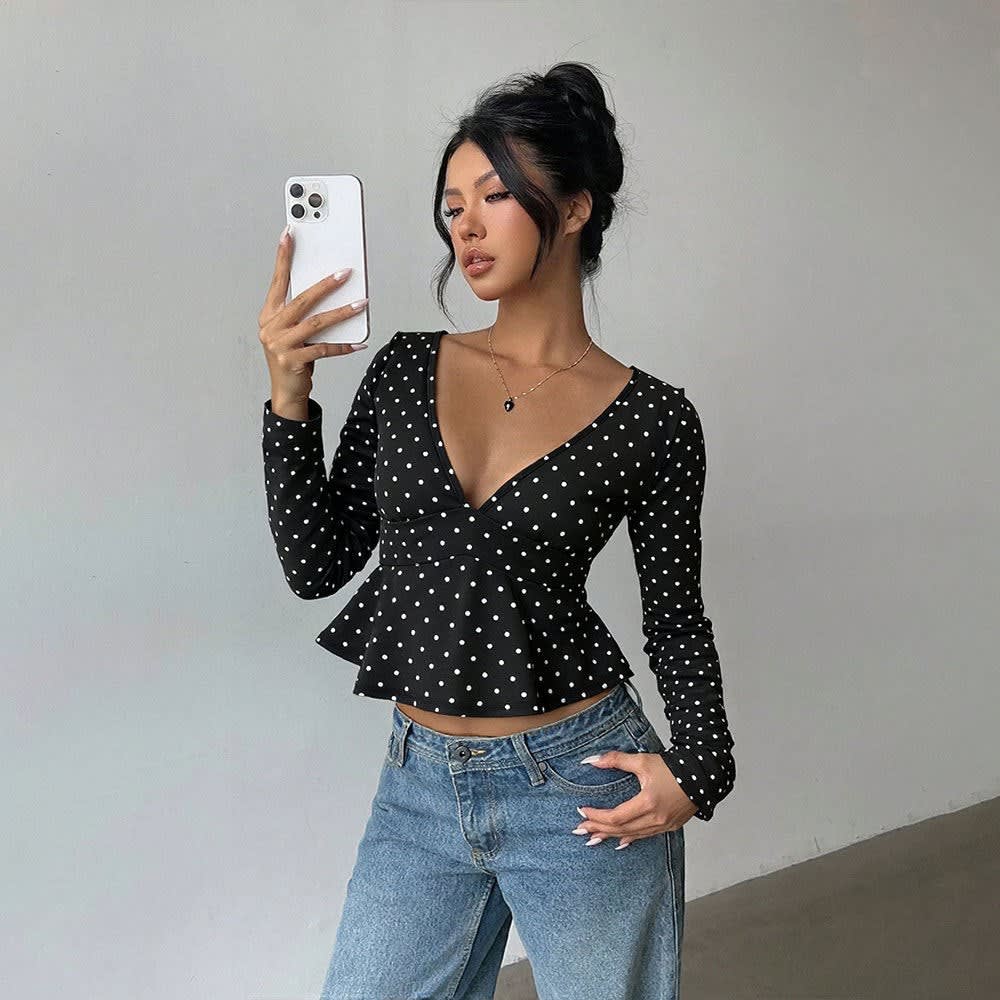 Michaela Polka Dot V-Neck Peplum Top_4