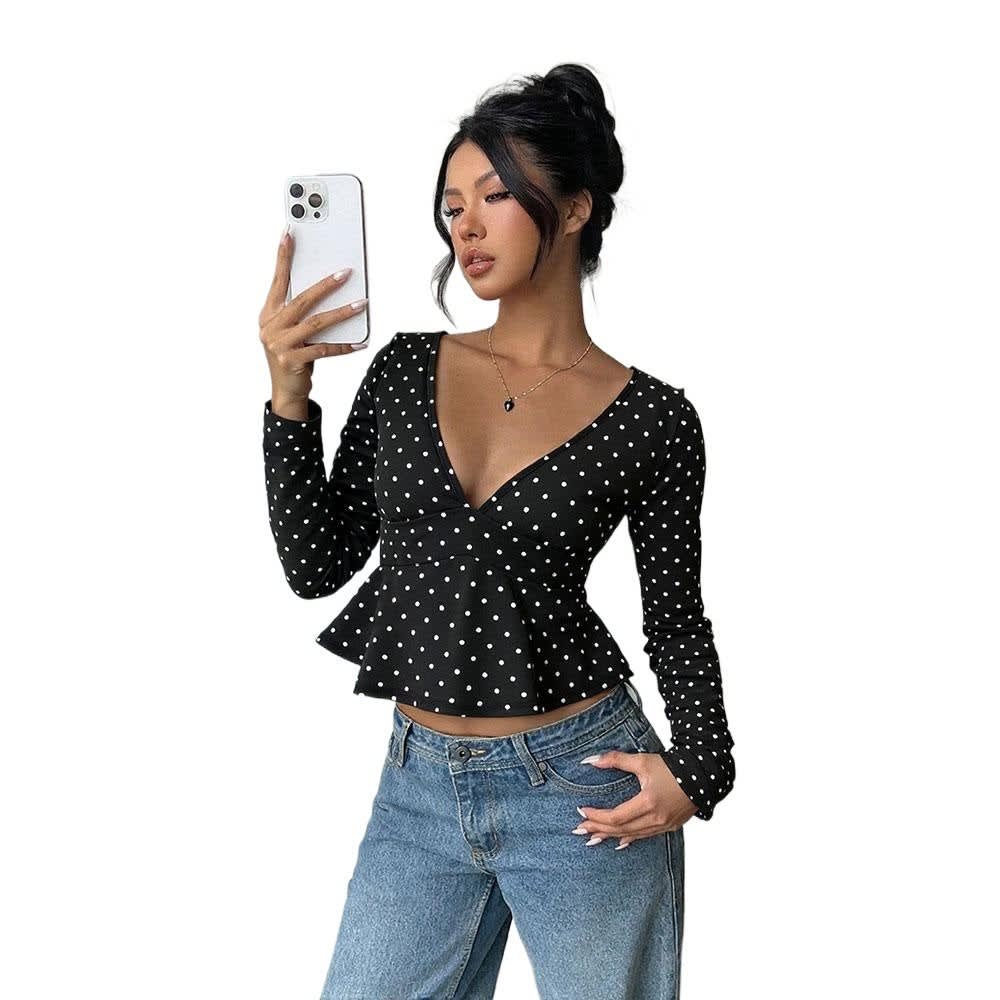 Michaela Polka Dot V-Neck Peplum Top_6