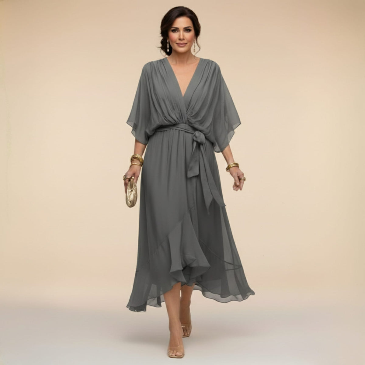 Aoife Chiffon V Neck Wedding Guest Midi Dress