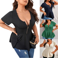 Eleni Ribbed Zip Front Peplum Top