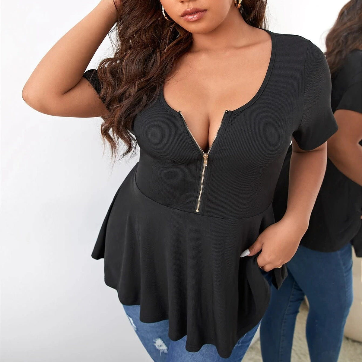 Eleni Ribbed Zip Front Peplum Top_6
