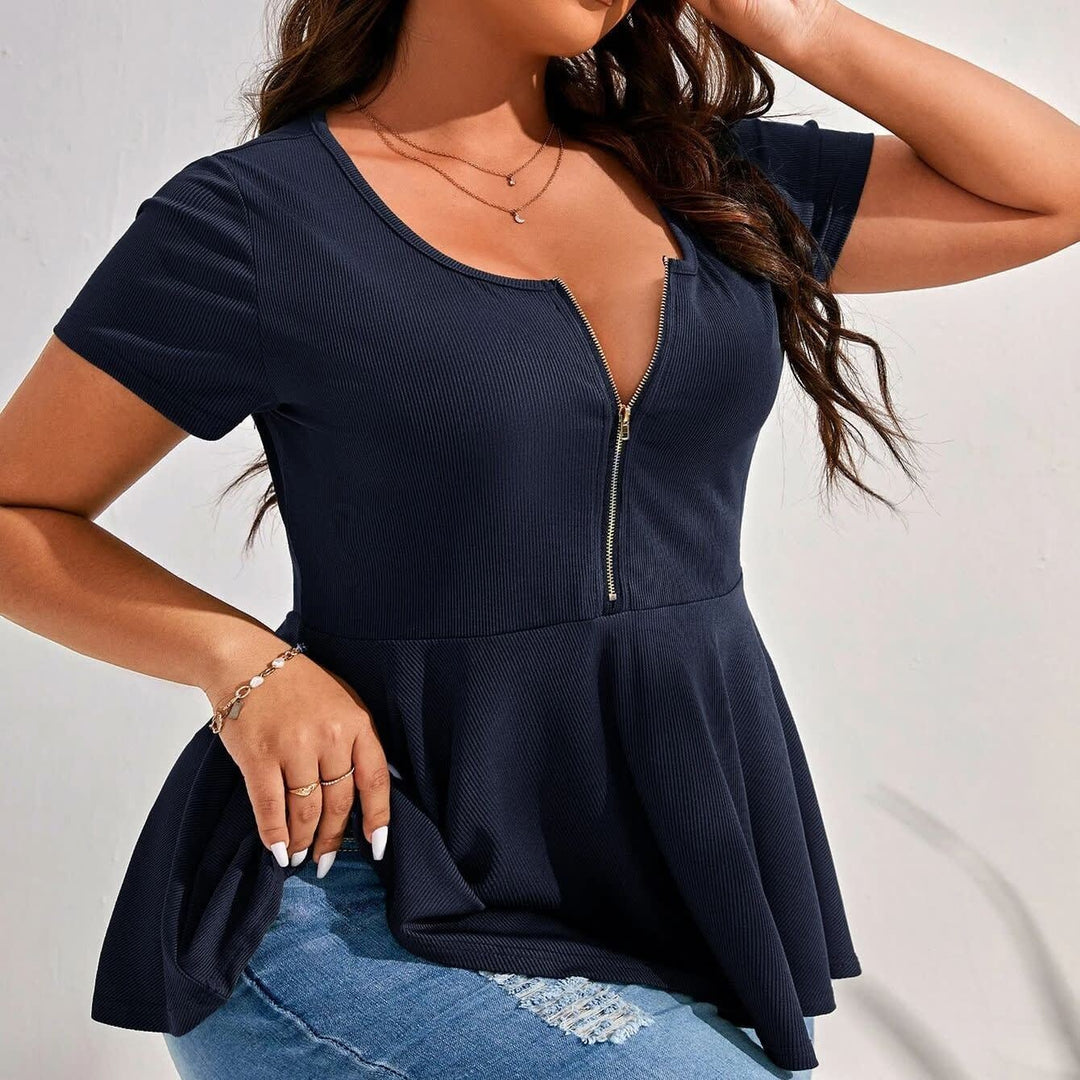 Eleni Ribbed Zip Front Peplum Top