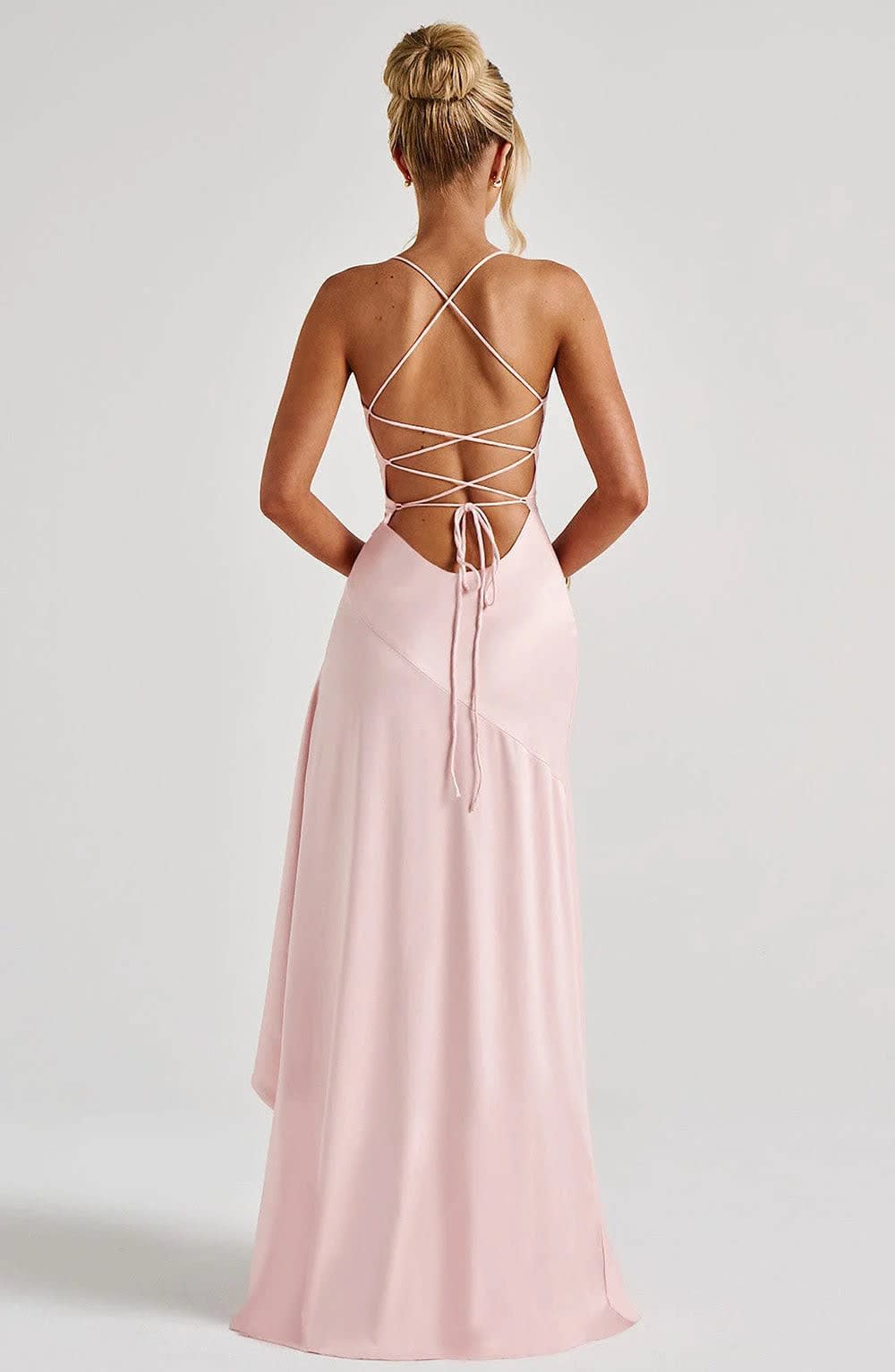 Evangeline Hartley Satin V-Neck Asymmetric Evening Maxi Dress