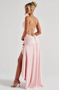 Evangeline Hartley Satin V-Neck Asymmetric Evening Maxi Dress