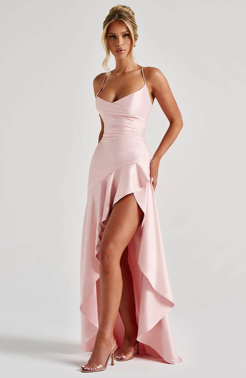 Evangeline Hartley Satin V-Neck Asymmetric Evening Maxi Dress