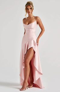 Evangeline Hartley Satin V-Neck Asymmetric Evening Maxi Dress