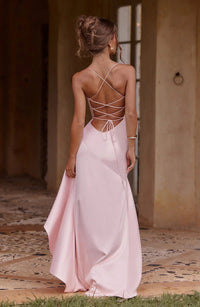 Evangeline Hartley Satin V-Neck Asymmetric Evening Maxi Dress