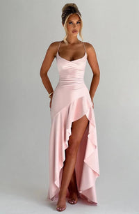 Evangeline Hartley Satin V-Neck Asymmetric Evening Maxi Dress