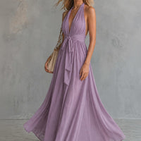 Carys Prescott Halter Deep V-Neck Flowy Maxi Dress