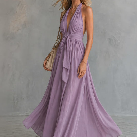 Carys Prescott Halter Deep V-Neck Flowy Maxi Dress_1