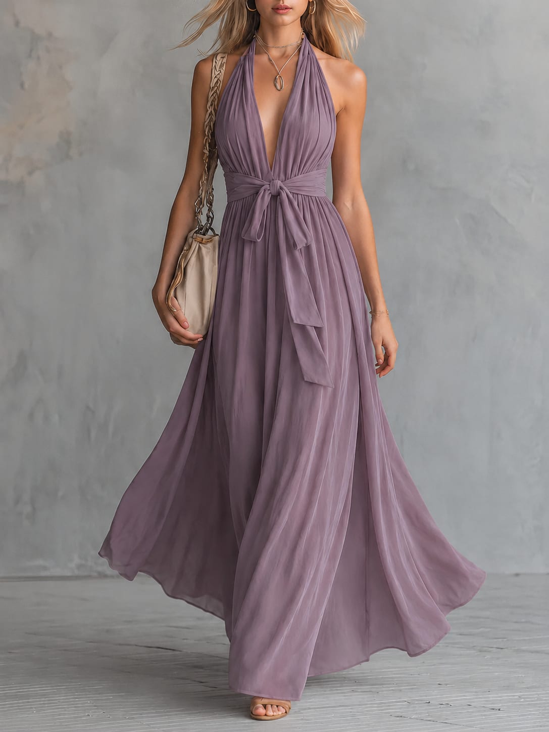 Carys Prescott Halter Deep V-Neck Flowy Maxi Dress_2