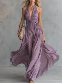 Carys Prescott Halter Deep V-Neck Flowy Maxi Dress