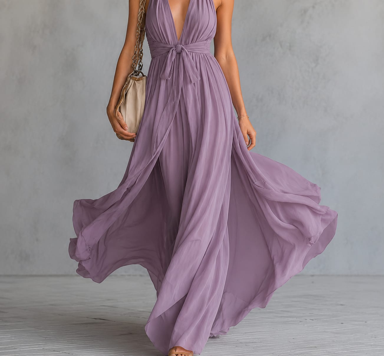 Carys Prescott Halter Deep V-Neck Flowy Maxi Dress