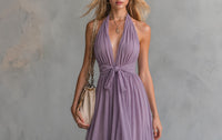 Carys Prescott Halter Deep V-Neck Flowy Maxi Dress