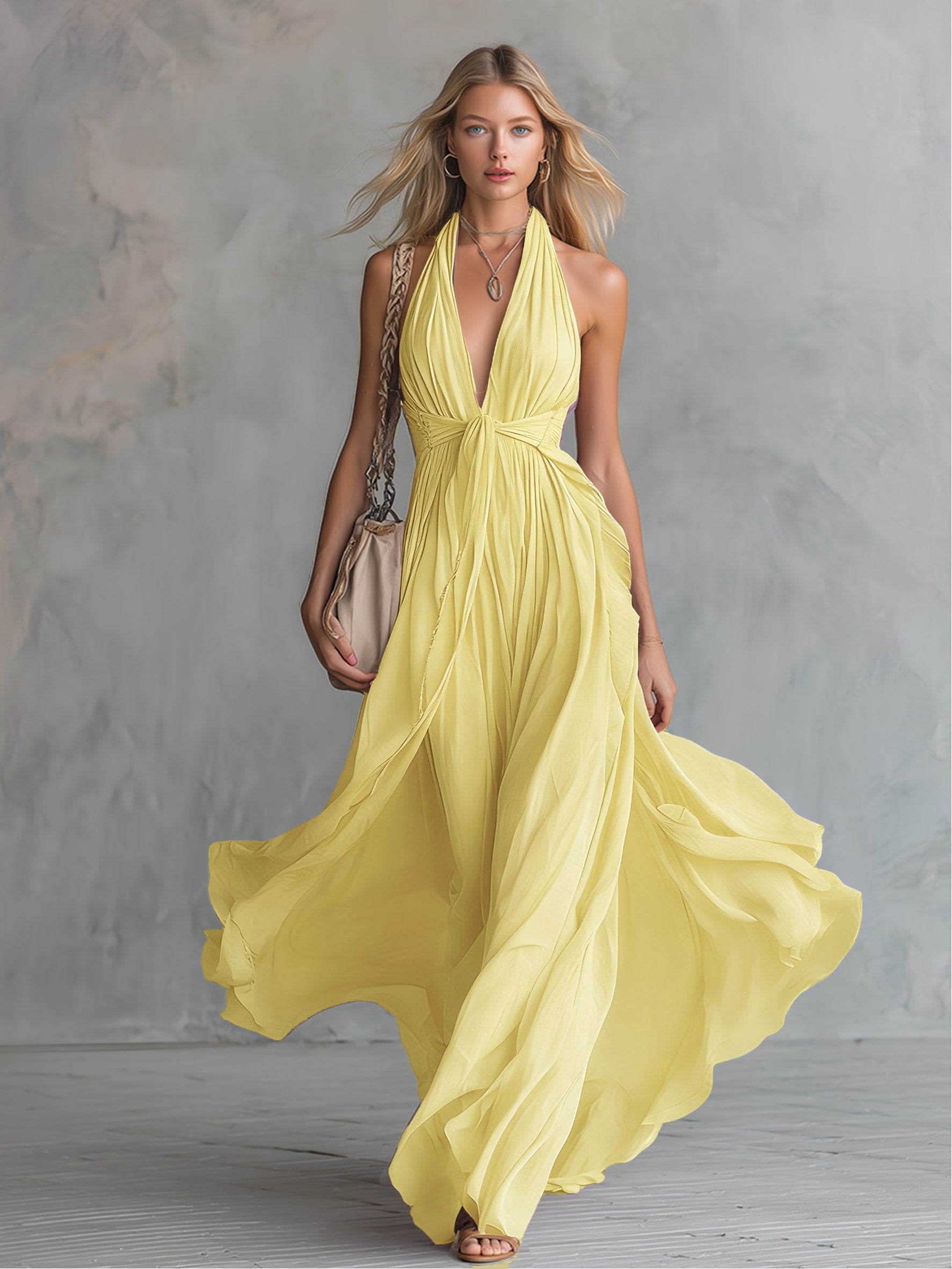 Carys Prescott Halter Deep V-Neck Flowy Maxi Dress