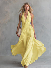Carys Prescott Halter Deep V-Neck Flowy Maxi Dress