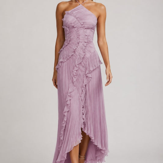 Coralie Pemberton Halter Pleated Ruffle Maxi Dress_1