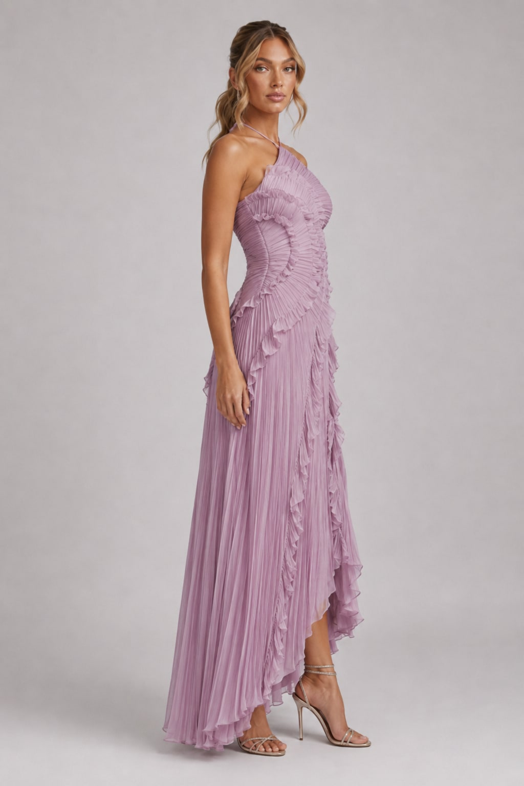 Coralie Pemberton Halter Pleated Ruffle Maxi Dress_3