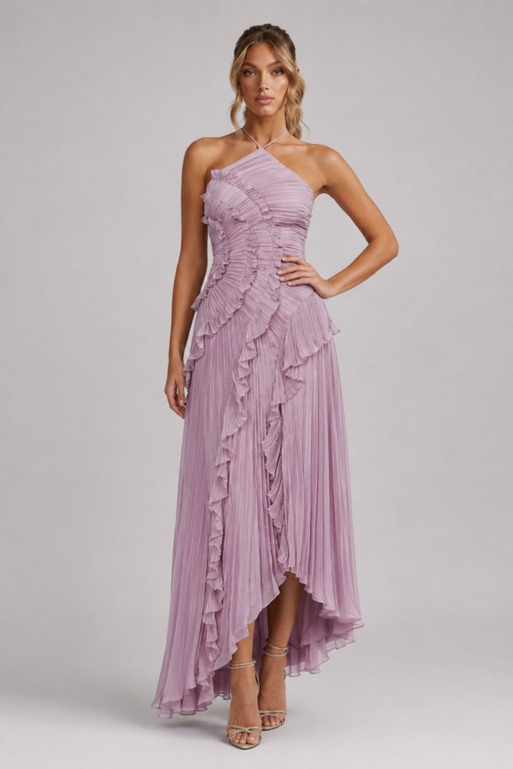 Coralie Pemberton Halter Pleated Ruffle Maxi Dress_4