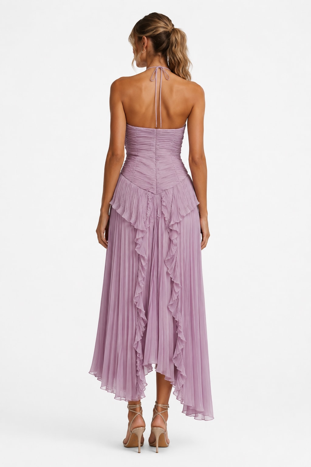 Coralie Pemberton Halter Pleated Ruffle Maxi Dress_5