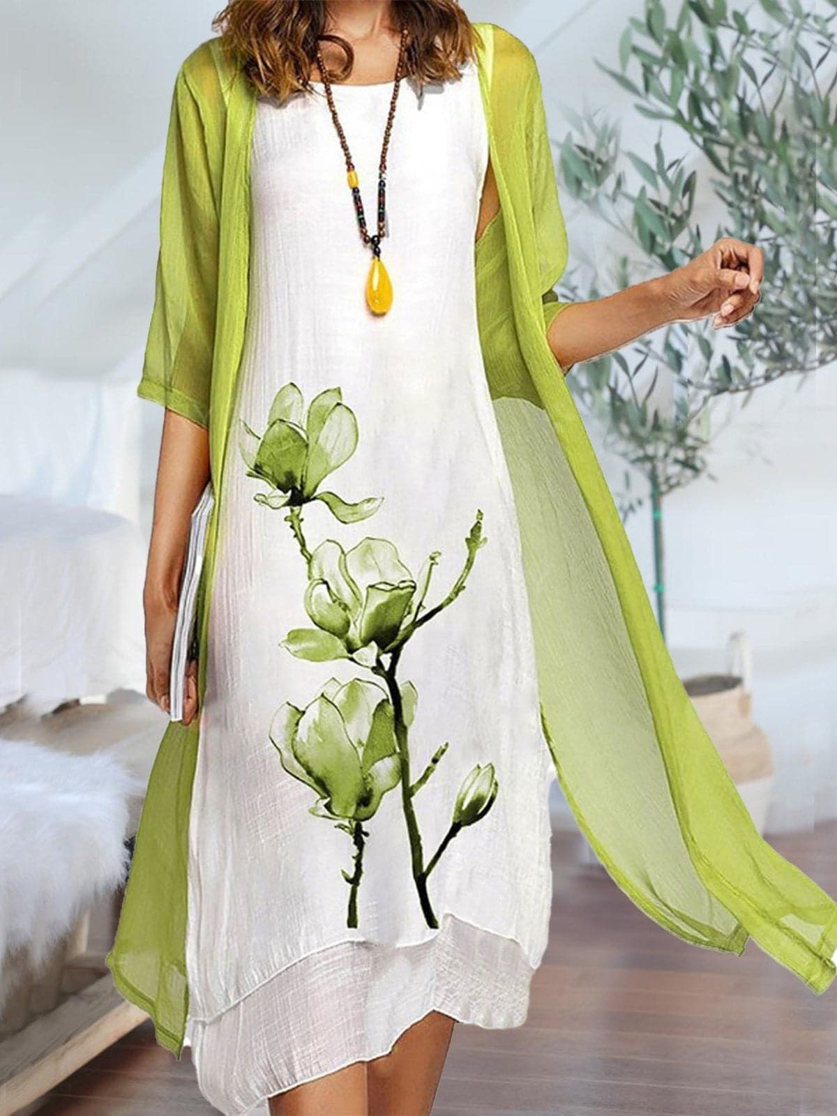 Elsa Floral Print Linen Midi Dress and Chiffon Cardigan Set_1