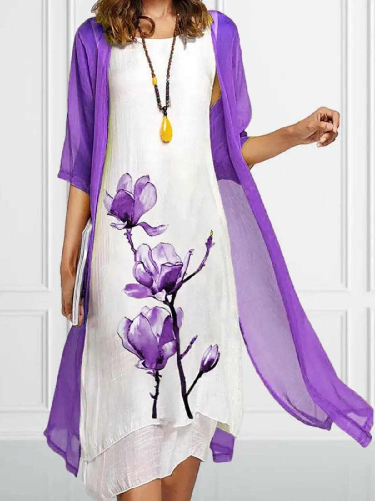 Elsa Floral Print Linen Midi Dress and Chiffon Cardigan Set_2
