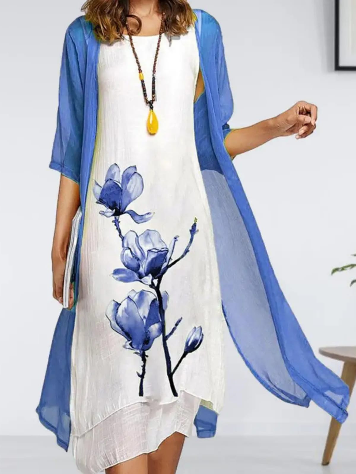Elsa Floral Print Linen Midi Dress and Chiffon Cardigan Set
