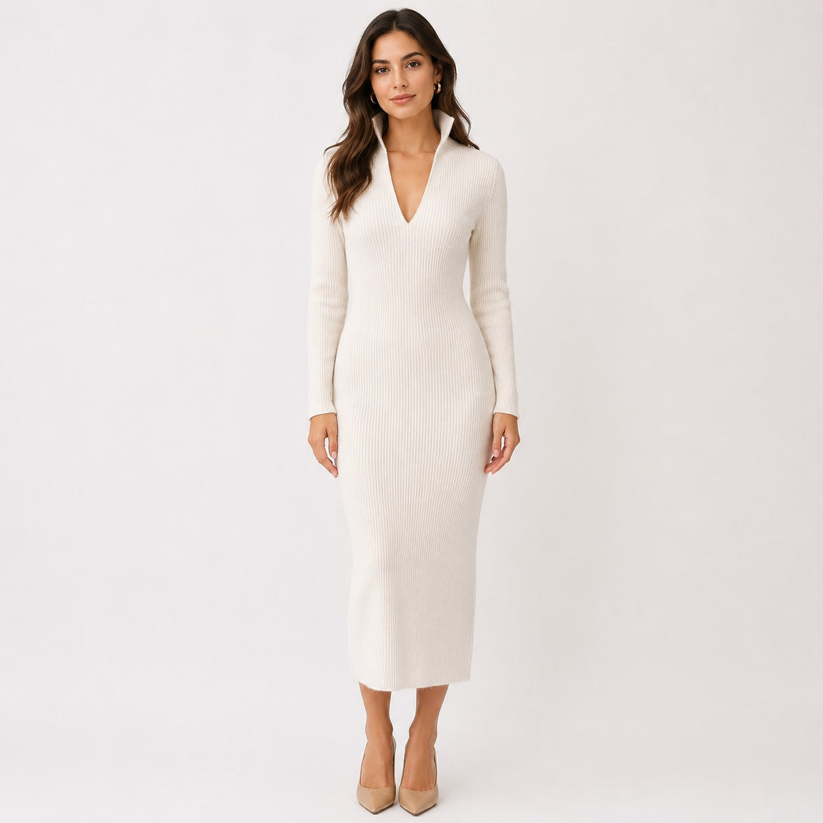 Kirsty Ribbed Knit V-Neck Midi Dress