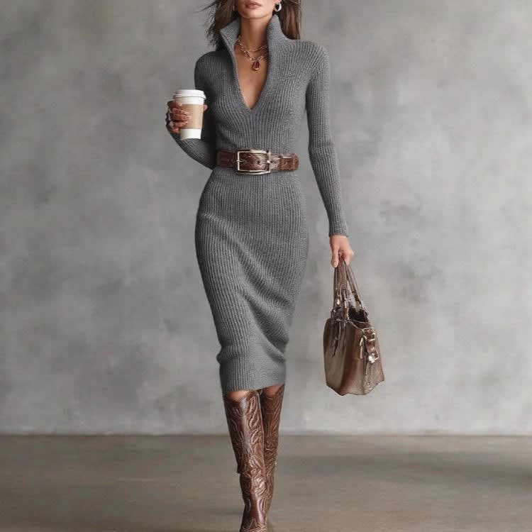 Kirsty Ribbed Knit V-Neck Midi Dress