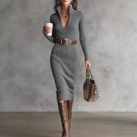Kirsty Ribbed Knit V-Neck Midi Dress
