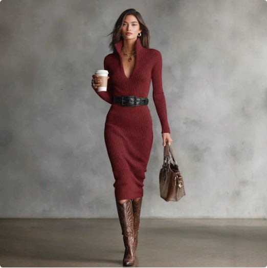 Kirsty Ribbed Knit V-Neck Midi Dress_8