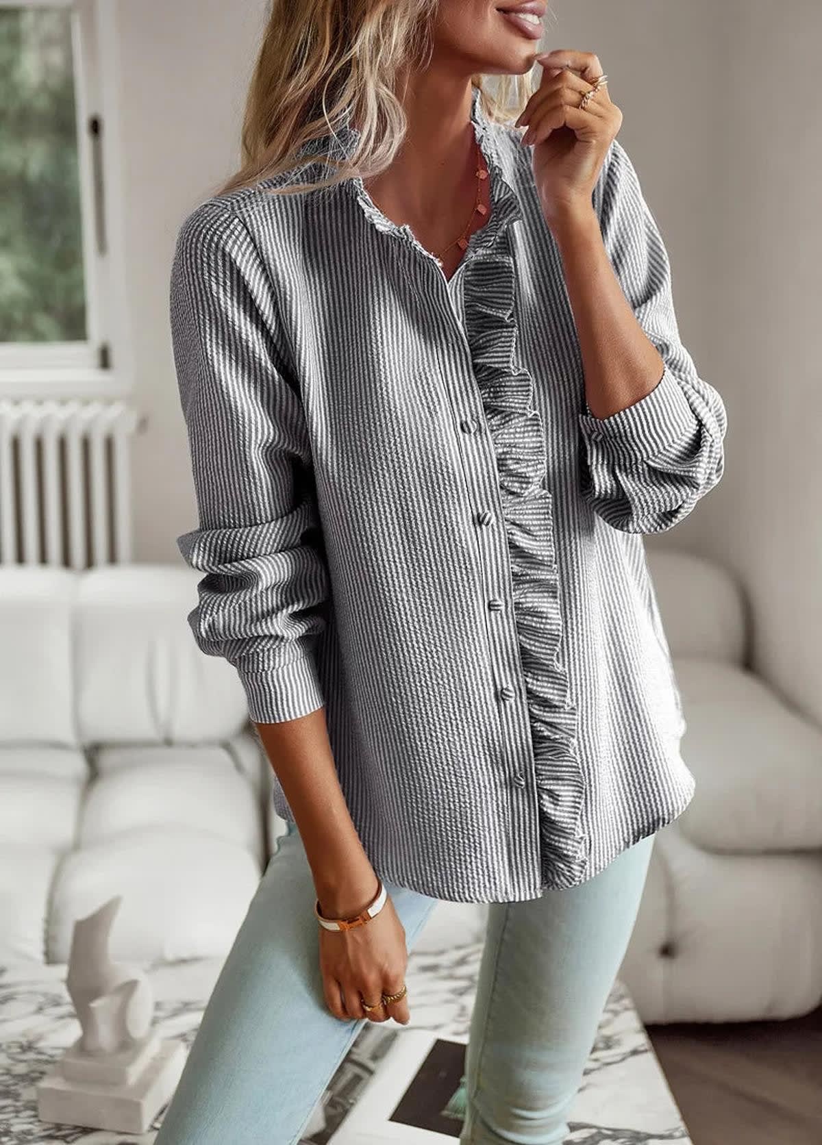 Nell Cotton Ruffle Button Up Blouse_3