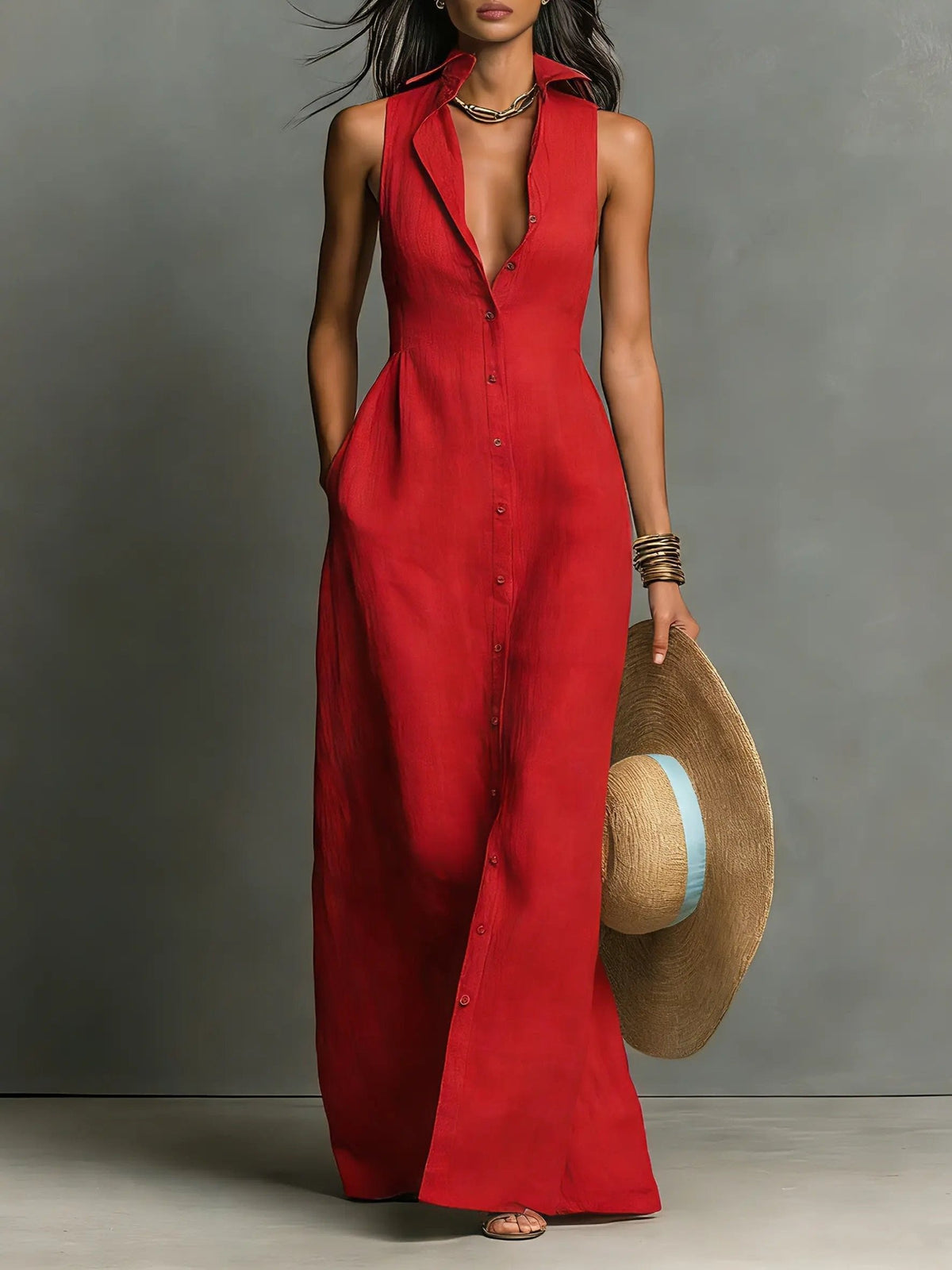 Anaelle Button Front Sleeveless Maxi Shirt Dress
