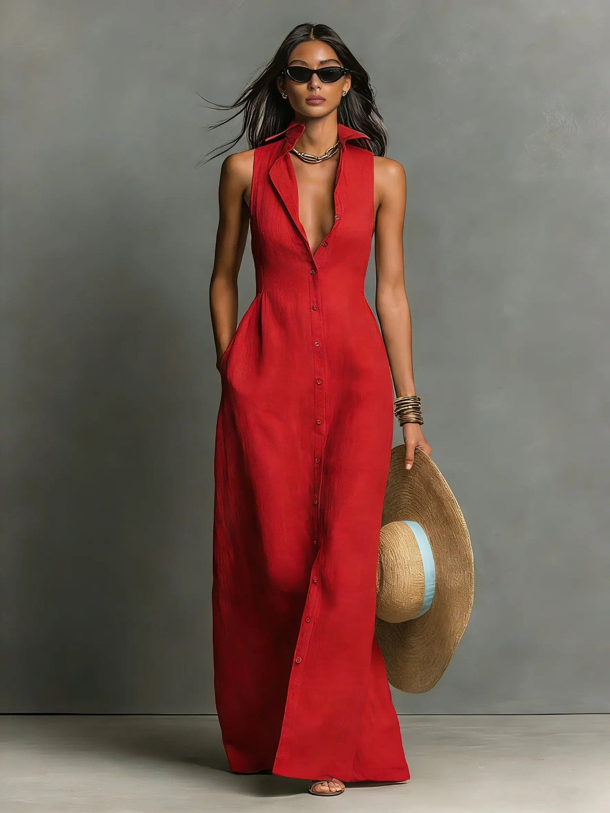 Anaelle Button Front Sleeveless Maxi Shirt Dress