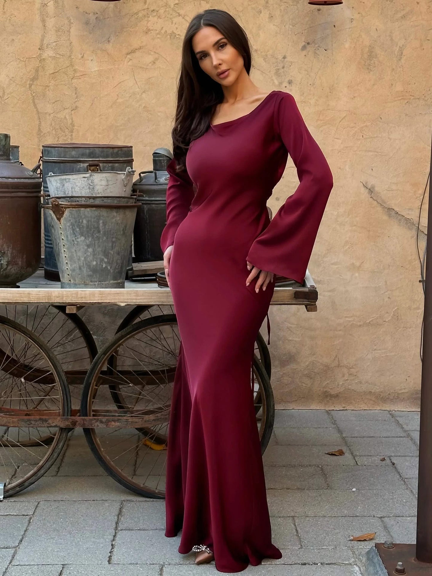 Gemma Long Sleeve Satin Wedding Guest Maxi Dress_11