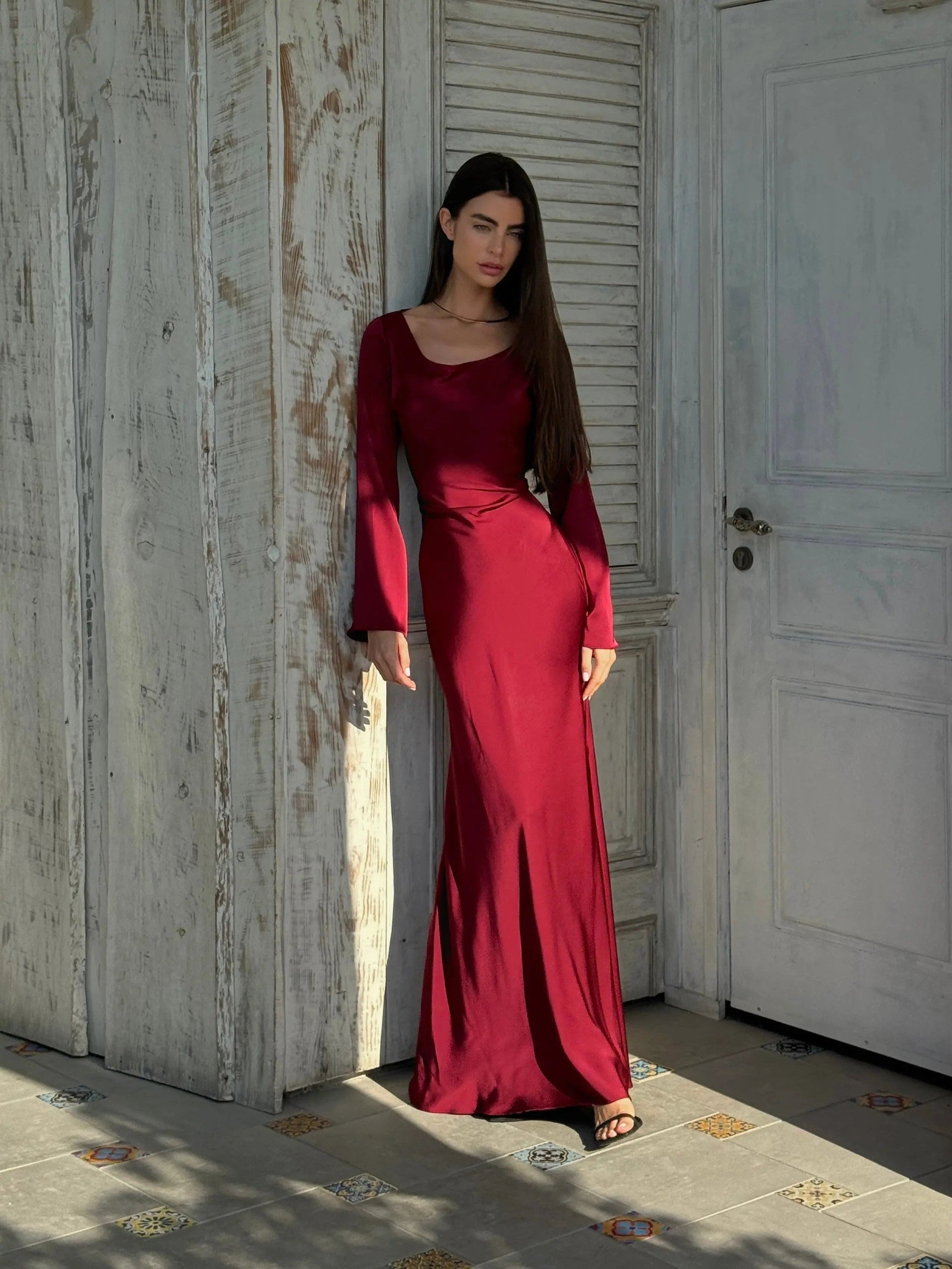Gemma Long Sleeve Satin Wedding Guest Maxi Dress