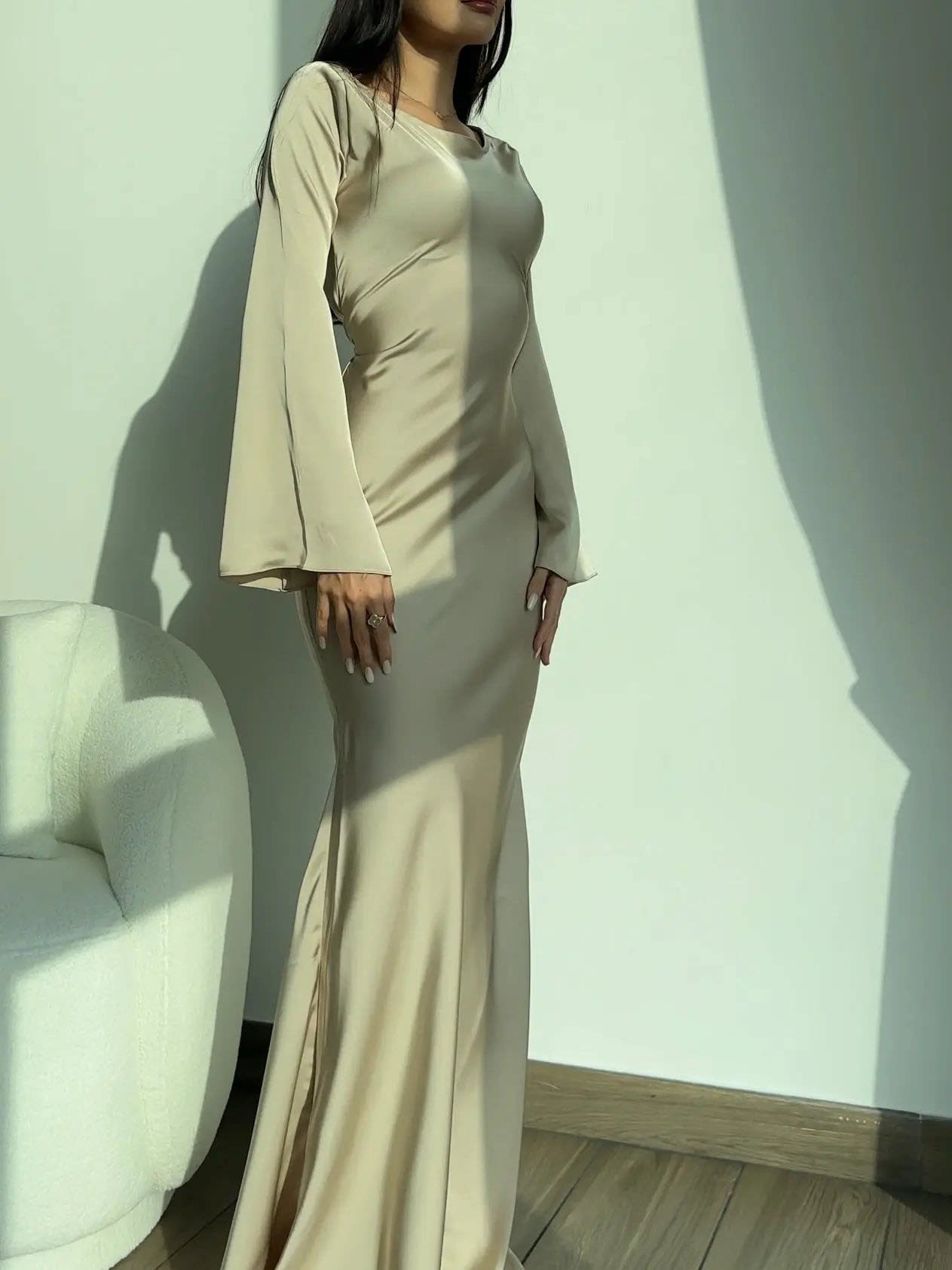 Gemma Long Sleeve Satin Wedding Guest Maxi Dress