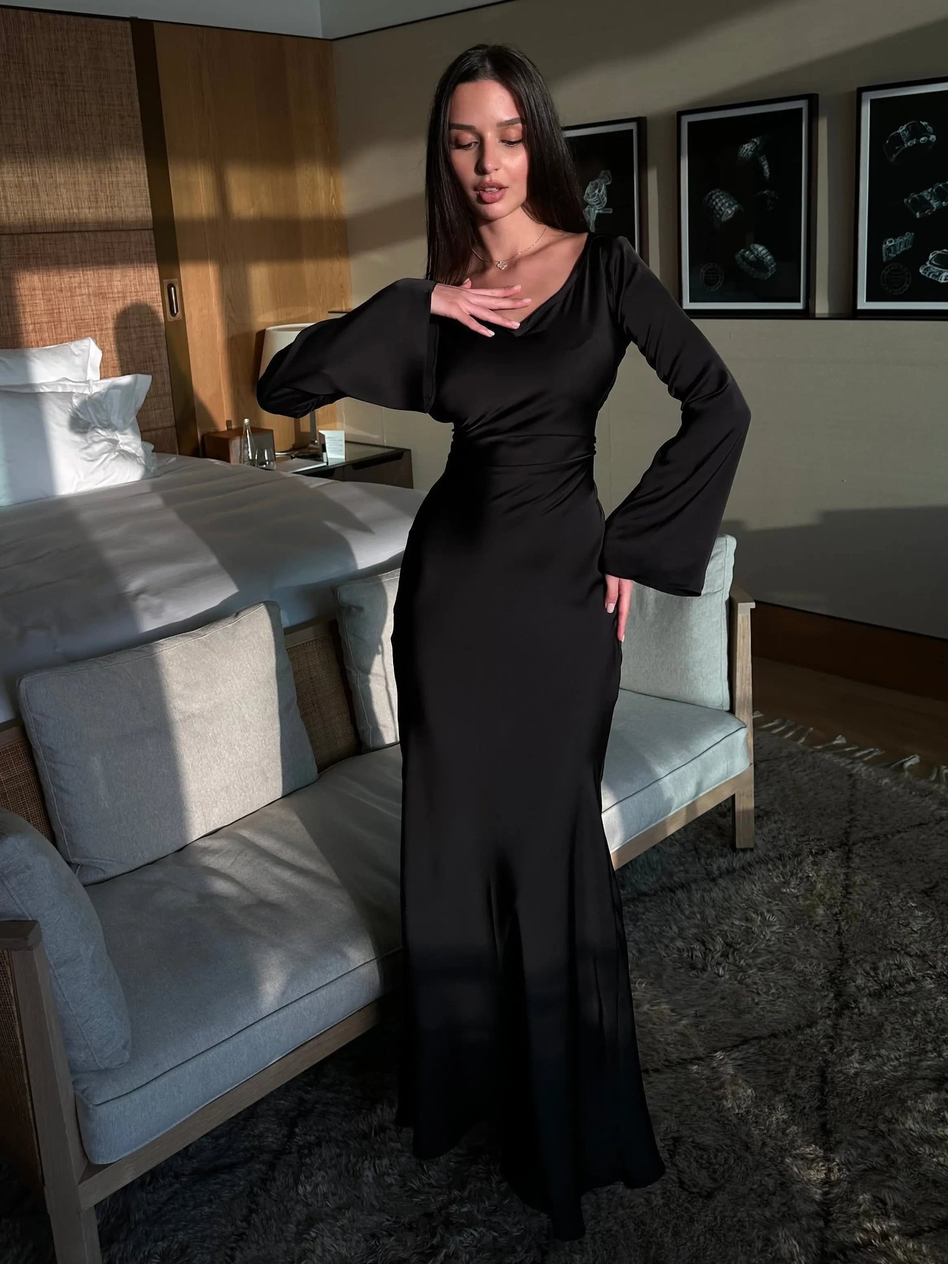 Gemma Long Sleeve Satin Wedding Guest Maxi Dress