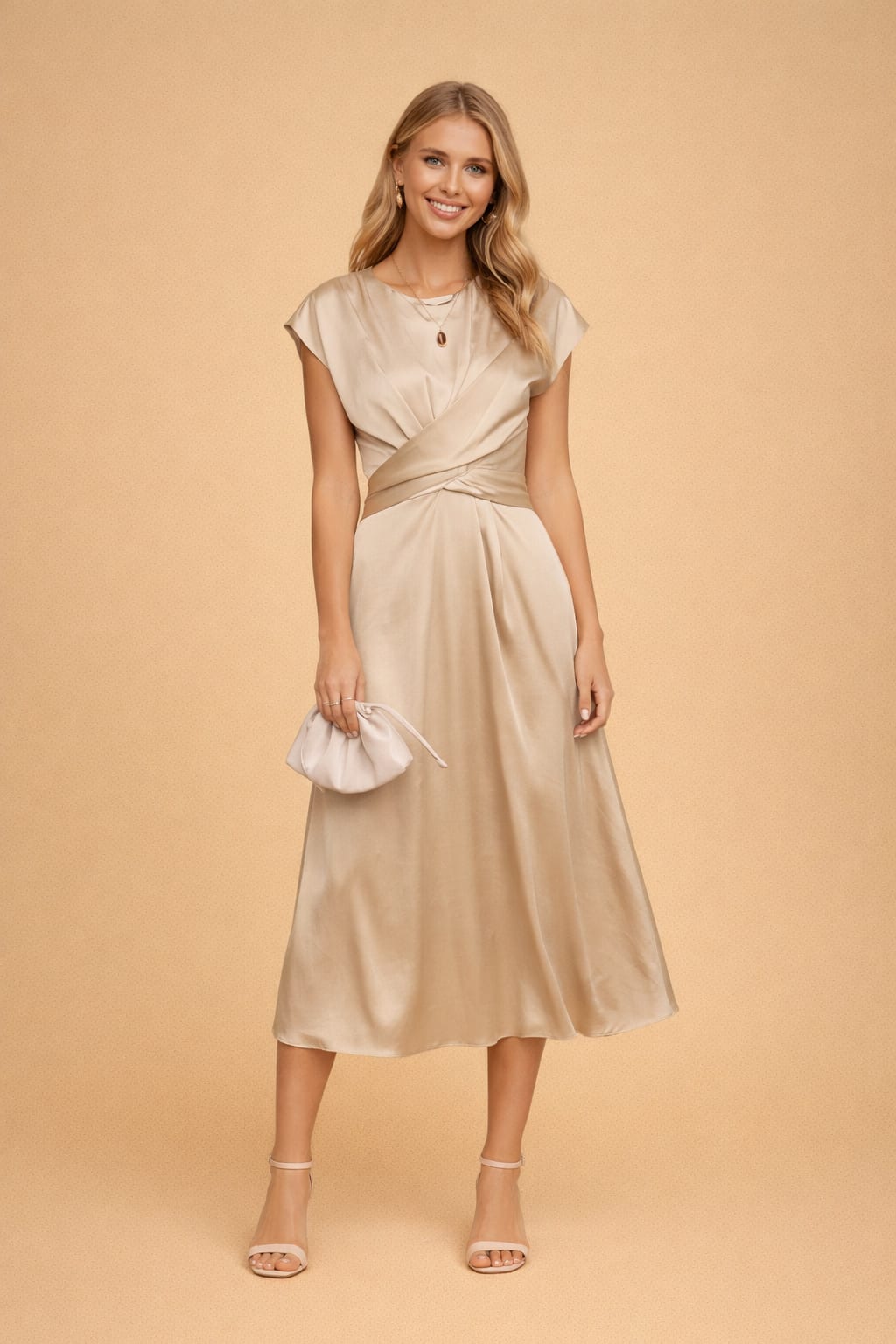 Philippa Pemberton Satin Twist Front Wedding Guest Midi Dress