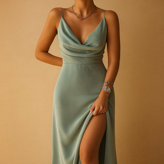 Florence Prescott Cowl V-Neck Satin Slit Wedding Guest Maxi Dress_1