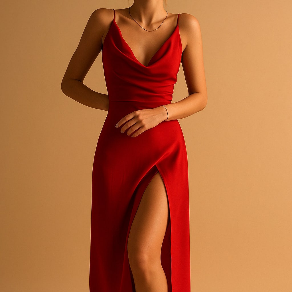 Florence Prescott Cowl V-Neck Satin Slit Wedding Guest Maxi Dress