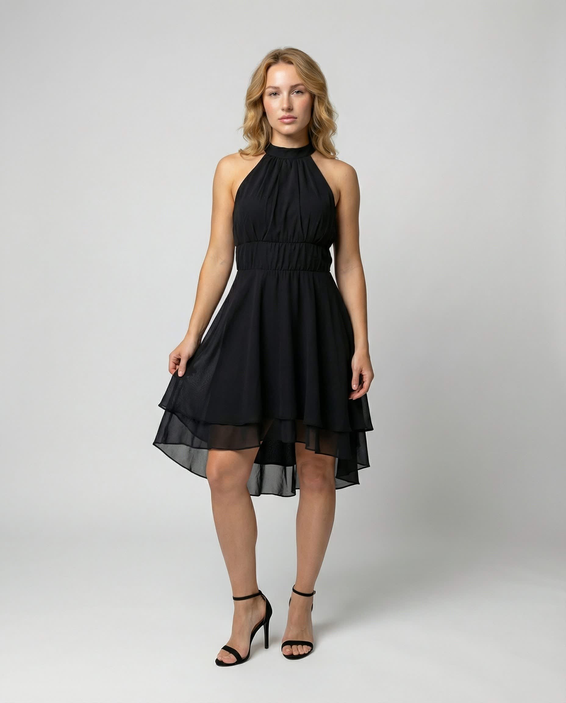 Antonia Sleeveless Ruffle Hem Halter Dress