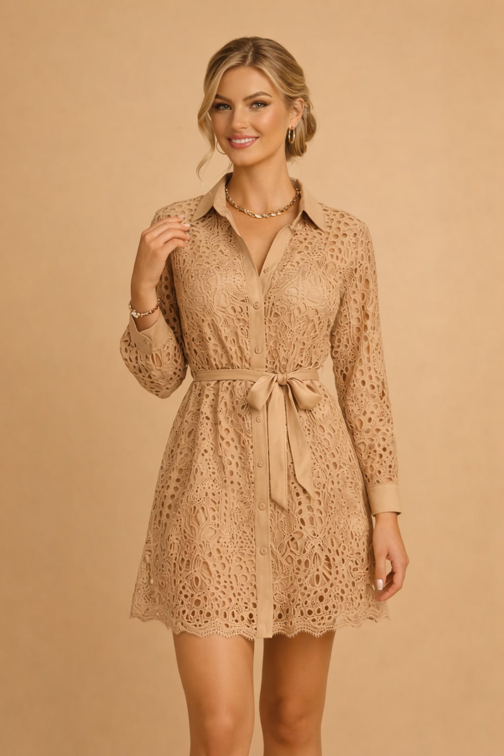 Katya Lace Long Sleeve Button Front Shirt Dress