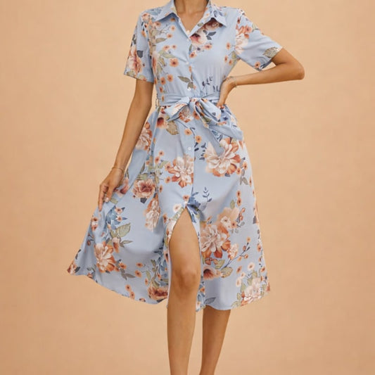 Isadora Floral Short Sleeve Button Front Midi Shirt Dress_1