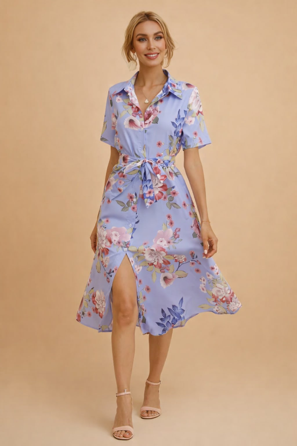 Isadora Floral Short Sleeve Button Front Midi Shirt Dress_2