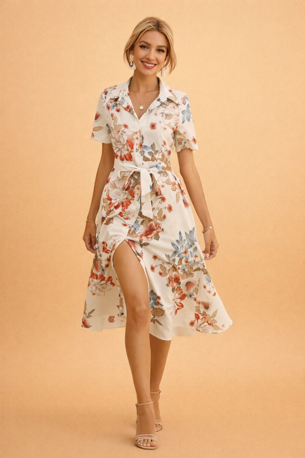 Isadora Floral Short Sleeve Button Front Midi Shirt Dress_3