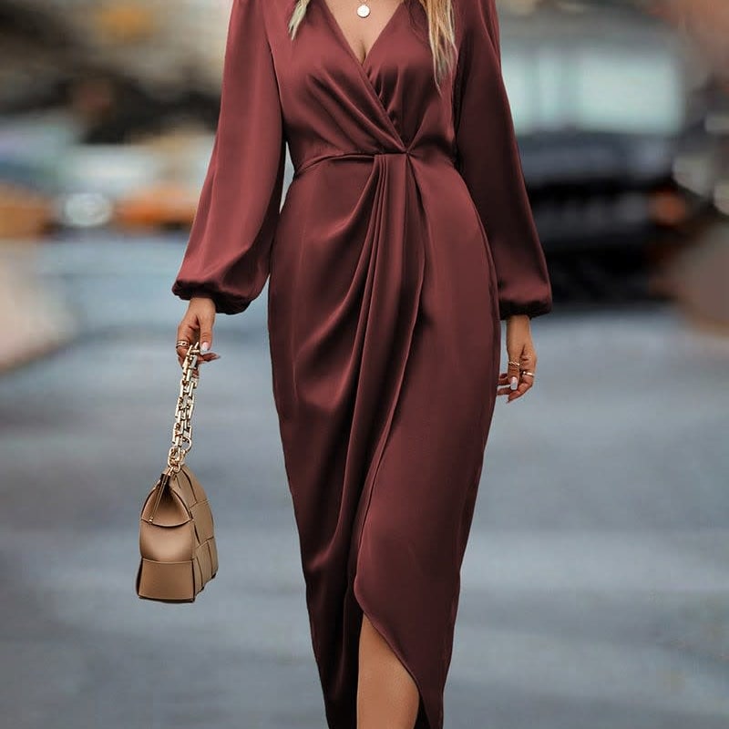 Hattie Satin Wrap Long Sleeve Homecoming Dress