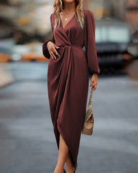 Hattie Satin Wrap Long Sleeve Homecoming Dress