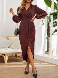 Hattie Satin Wrap Long Sleeve Homecoming Dress
