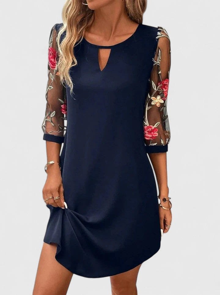 Bonnie V-Neck Midi Dress with Sheer Floral Sleeves_1